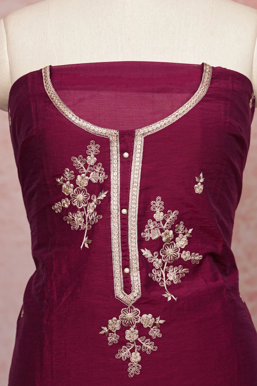 Wine Mul Chanderi Embroidery Unstitched Churidhar Material