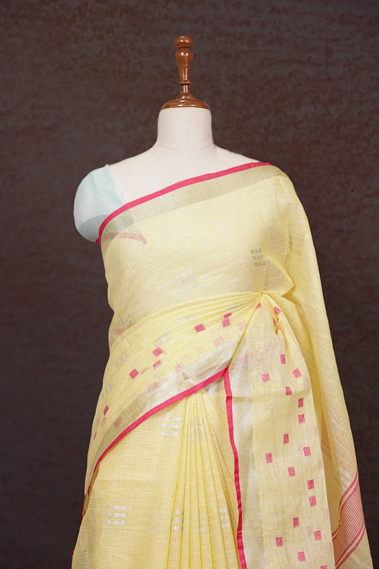 Yellow Semi Linen Saree - Seematti