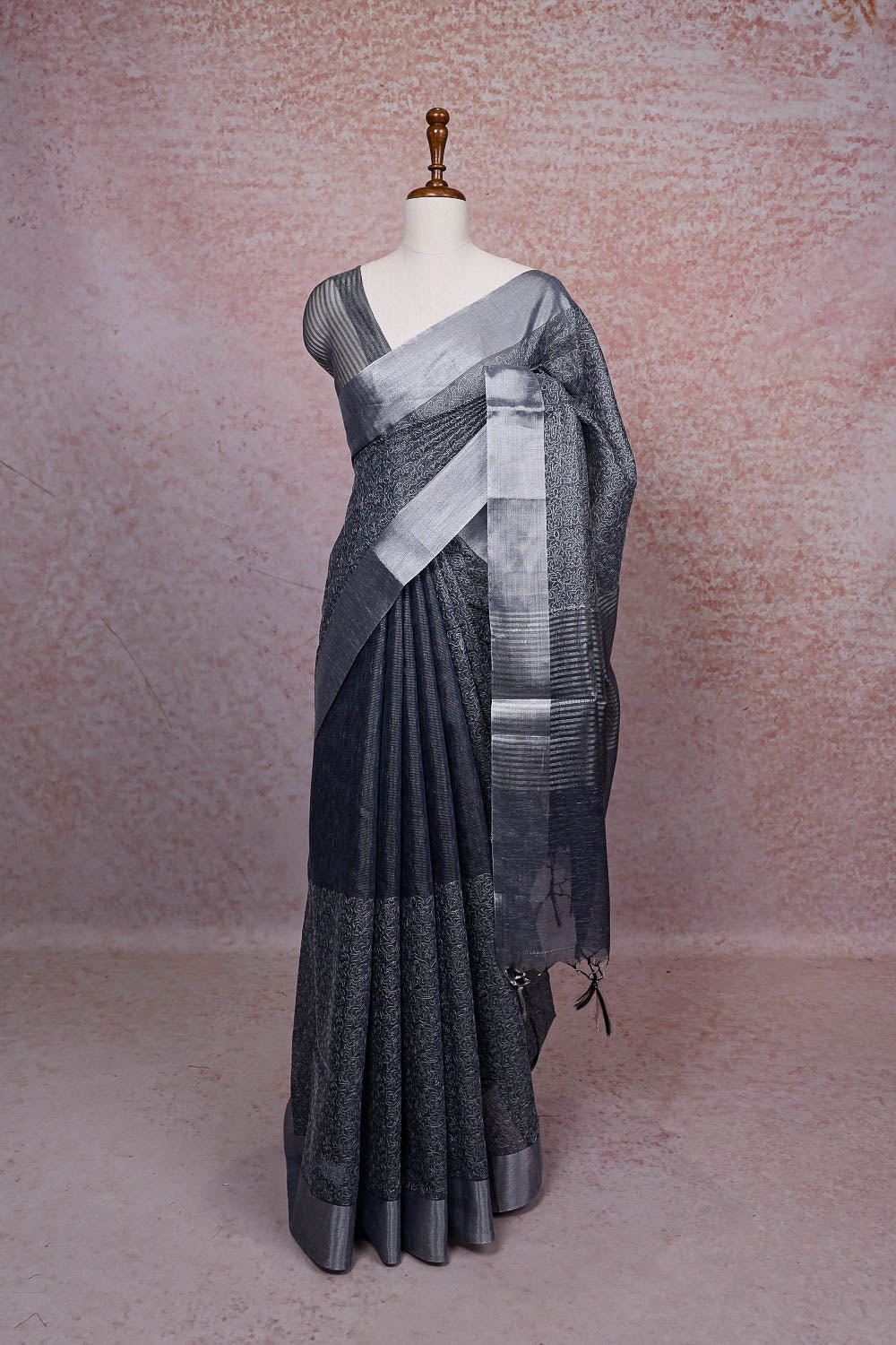 Dark Grey Semi Tissue Saree
