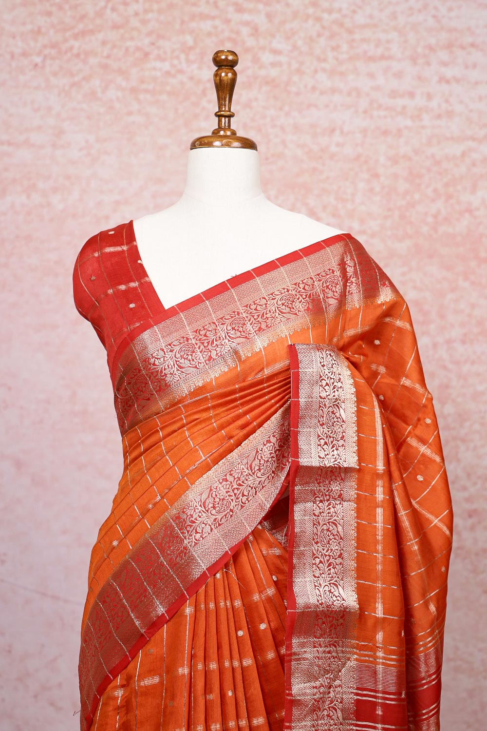 Brick Color Semi Banarasi Saree