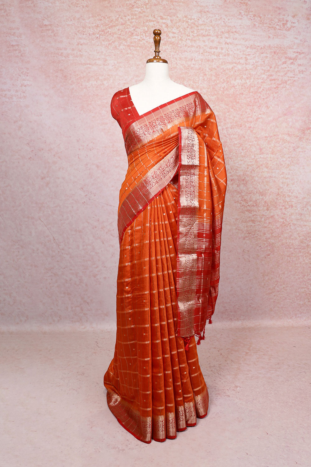 Brick Color Semi Banarasi Saree