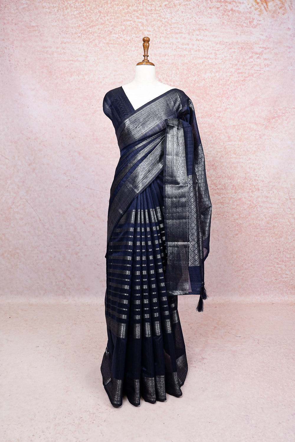 Navy Blue Semi Banarasi Saree