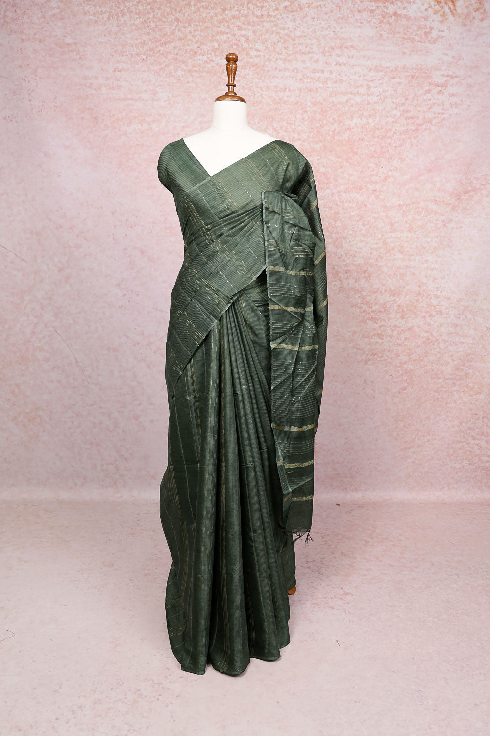 Dark Green Tussar Silk Saree