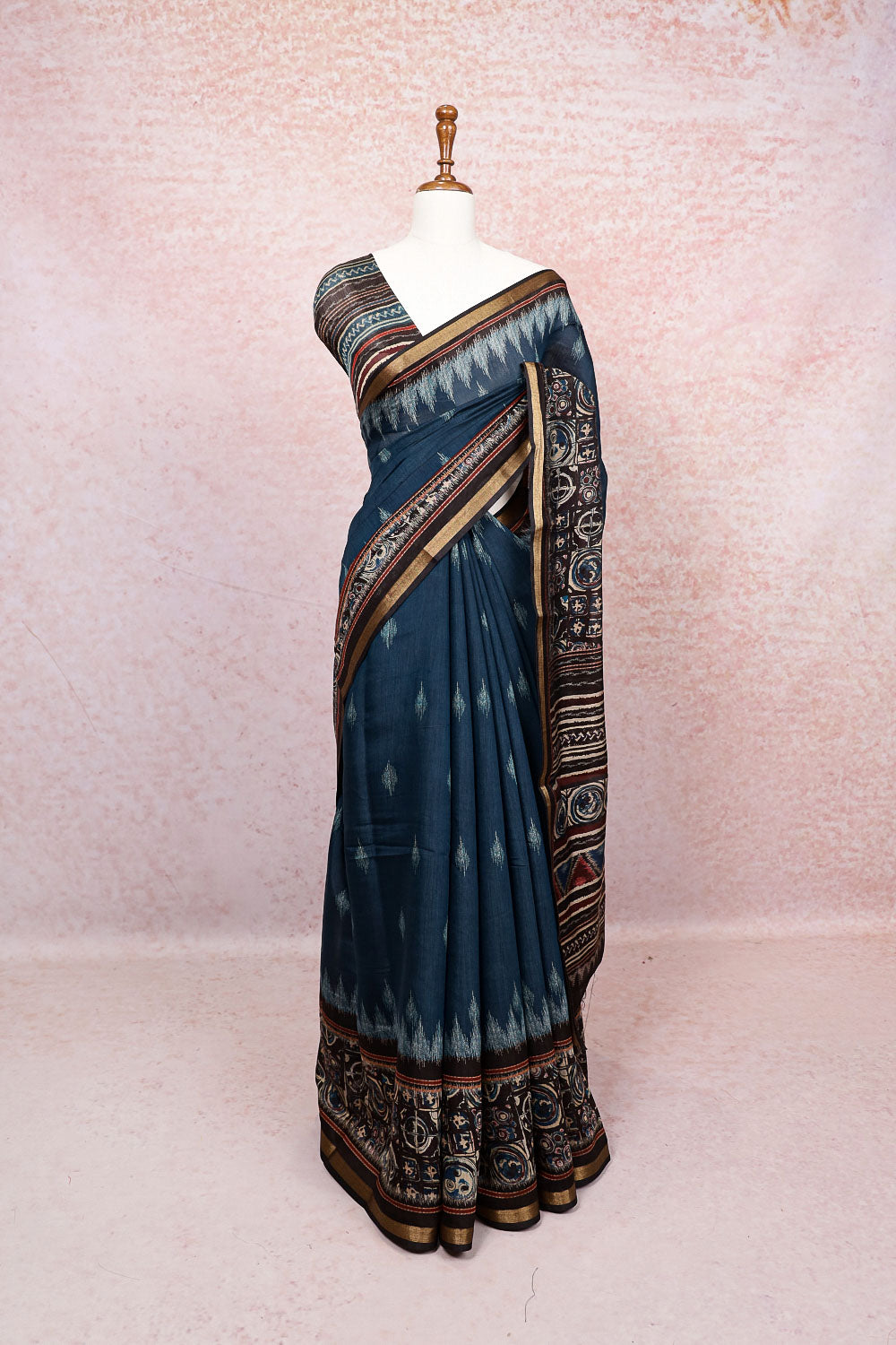 Dark Teal Blue Semi Chanderi Saree
