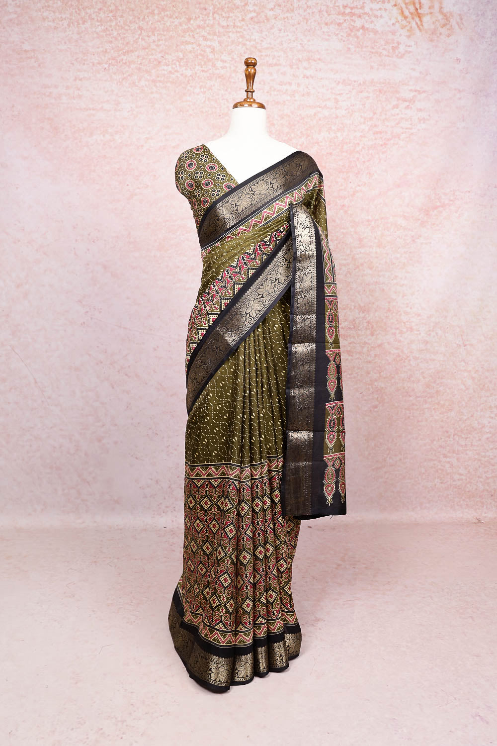 Olive Green Semi Silk Saree