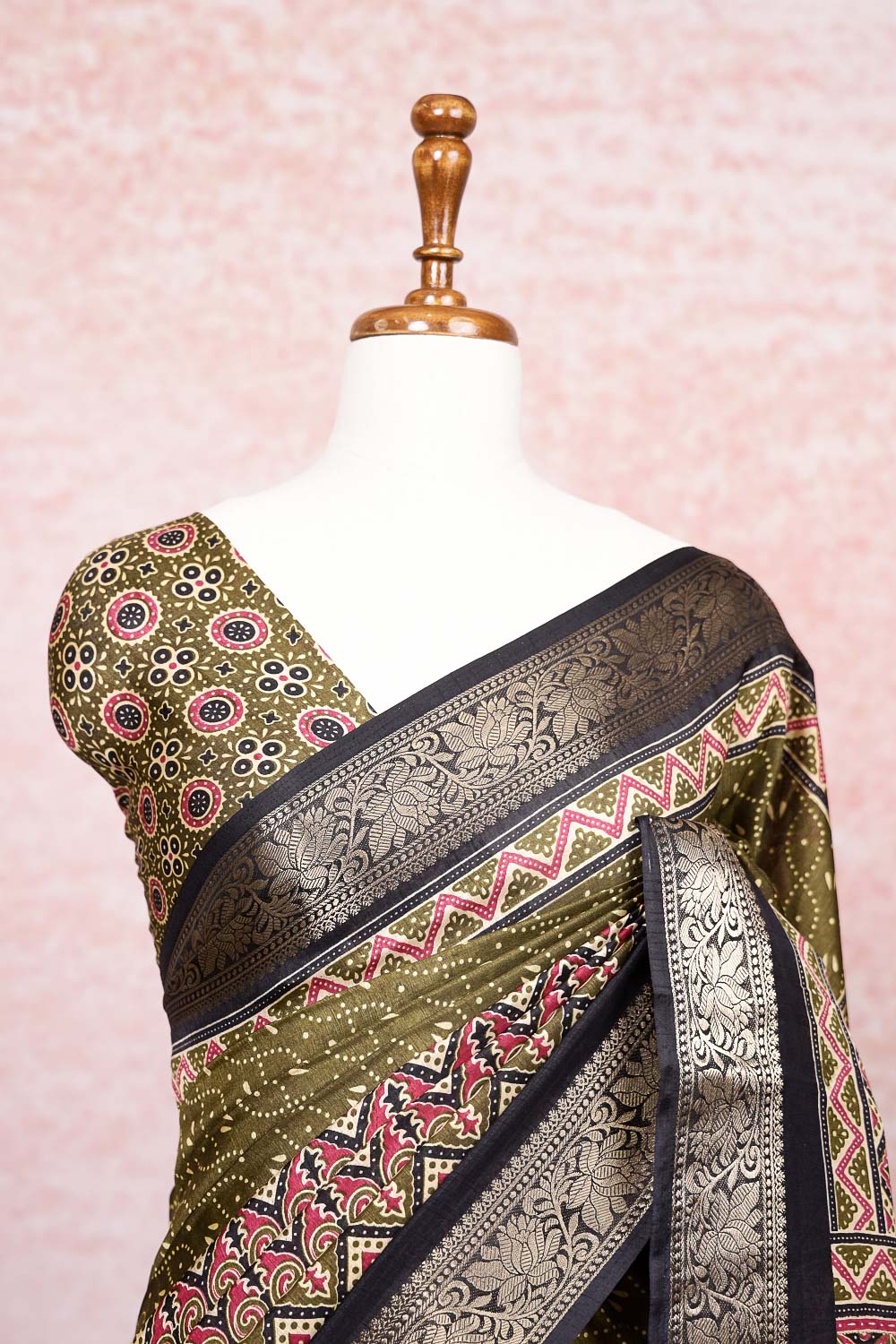 Olive Green Semi Silk Saree