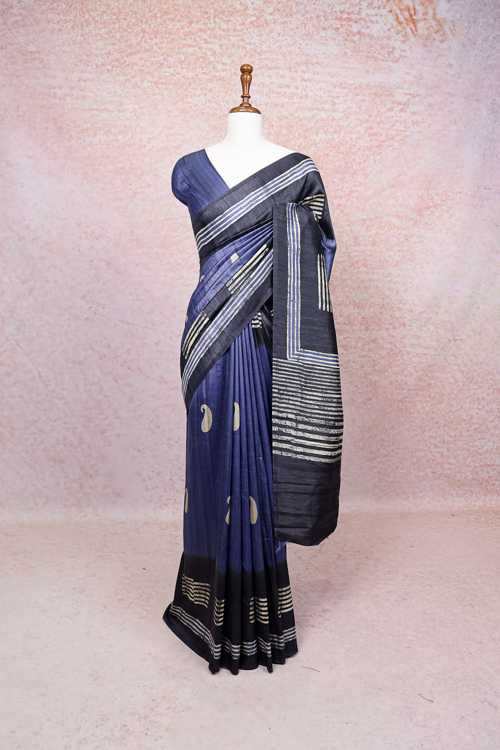 Ash Blue Semi Tussar Saree