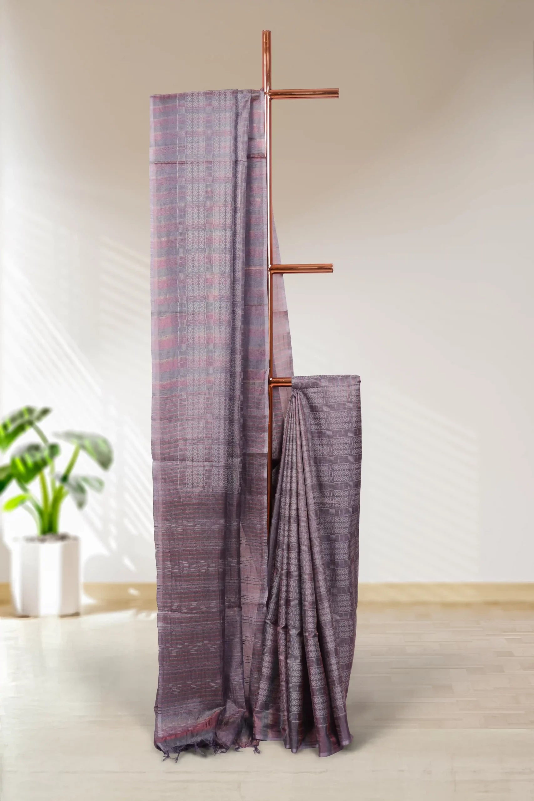 Dark Grey Tussar Silk Saree