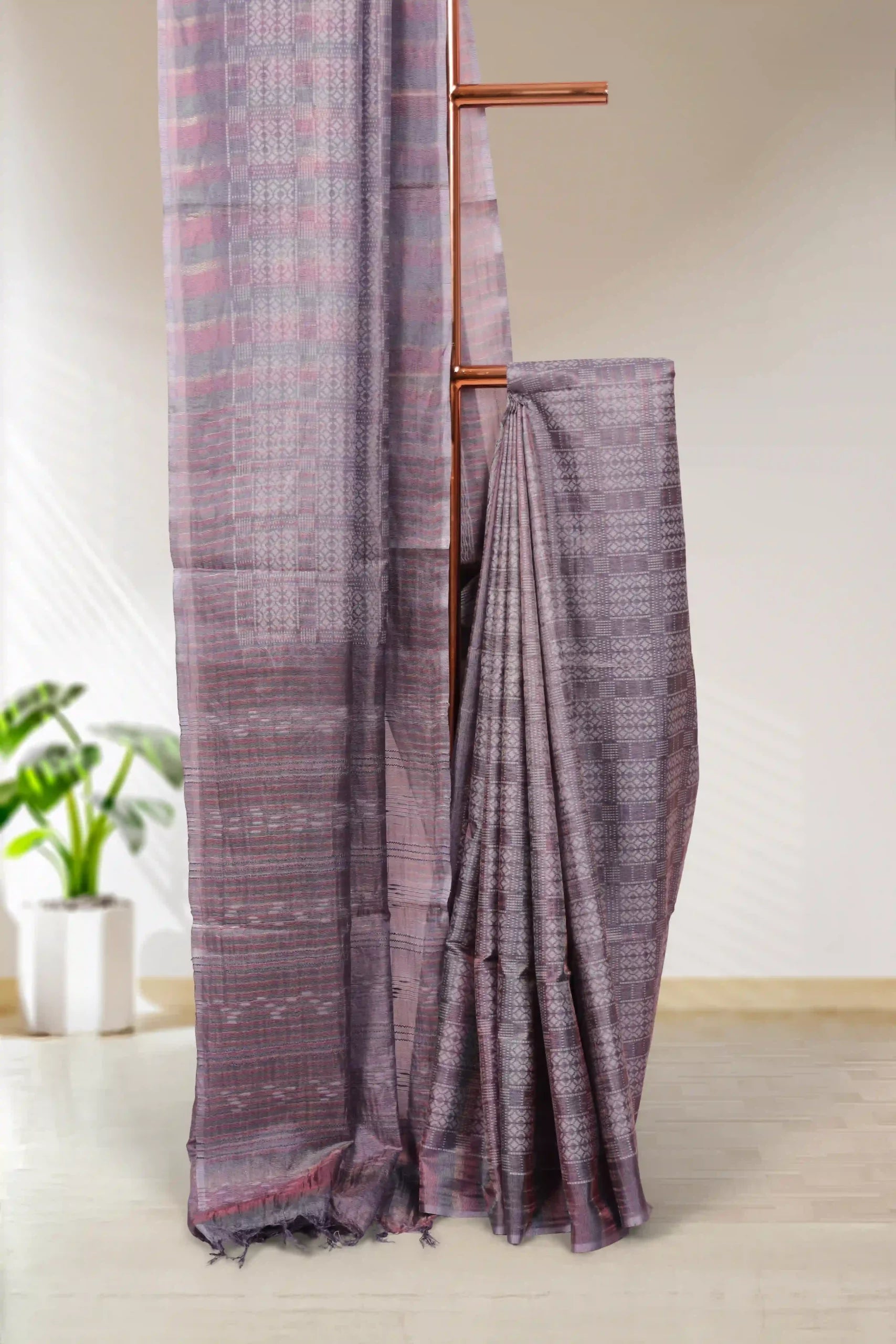 Dark Grey Tussar Silk Saree