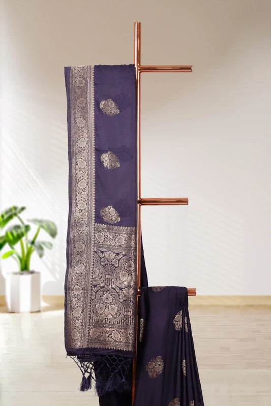 Navy Blue Satin Banarasi Saree