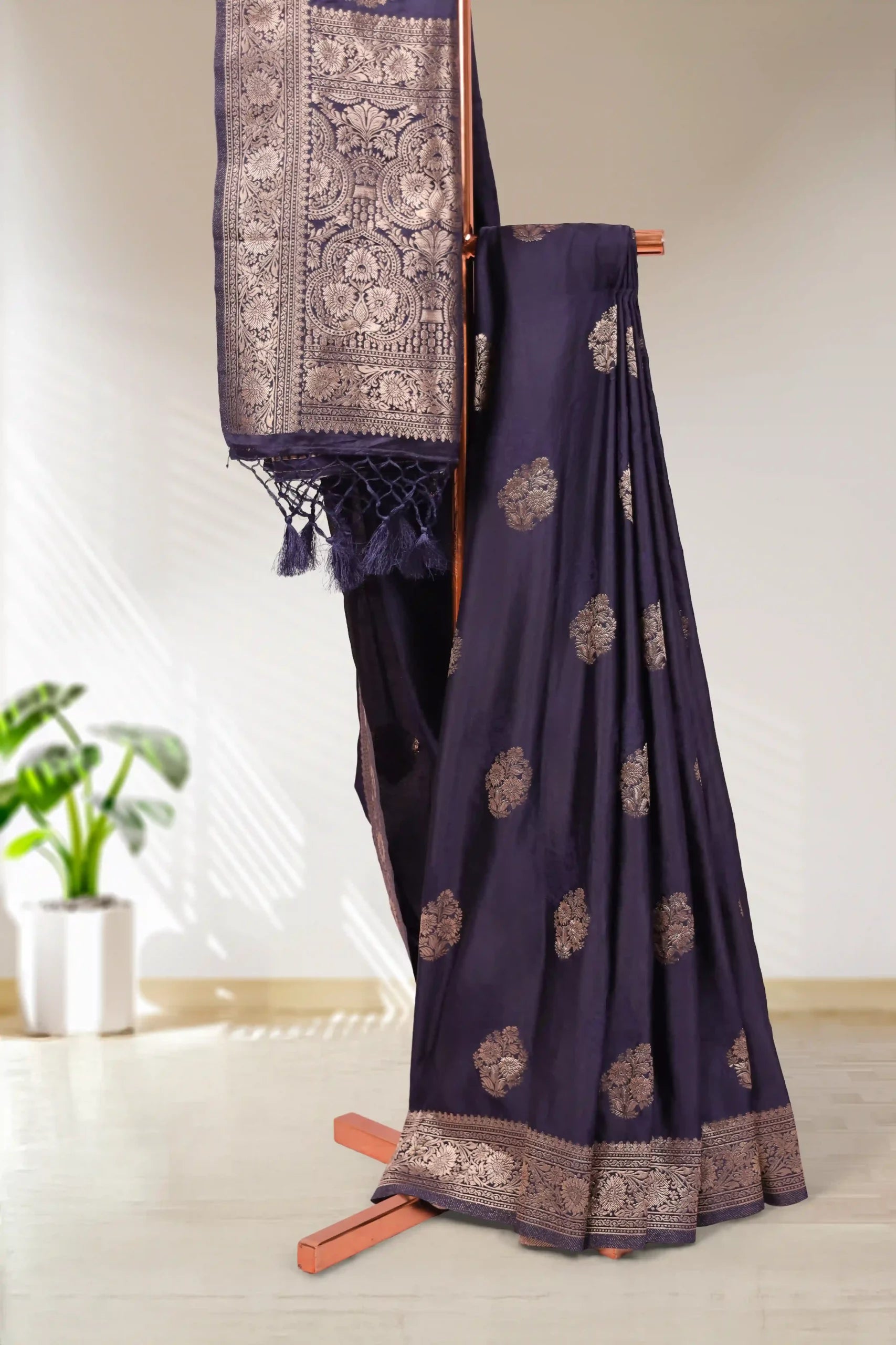 Navy Blue Satin Banarasi Saree