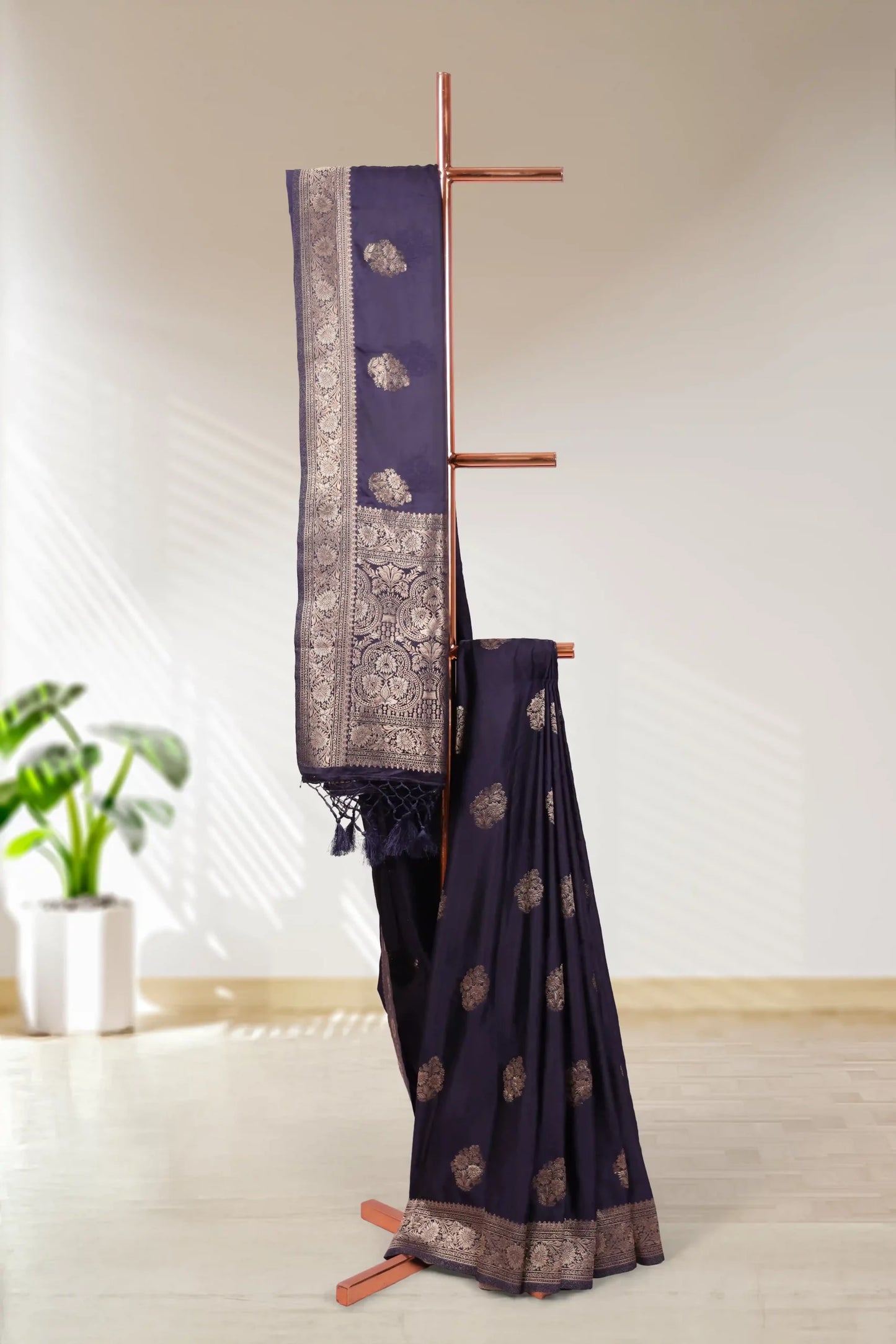 Navy Blue Satin Banarasi Saree