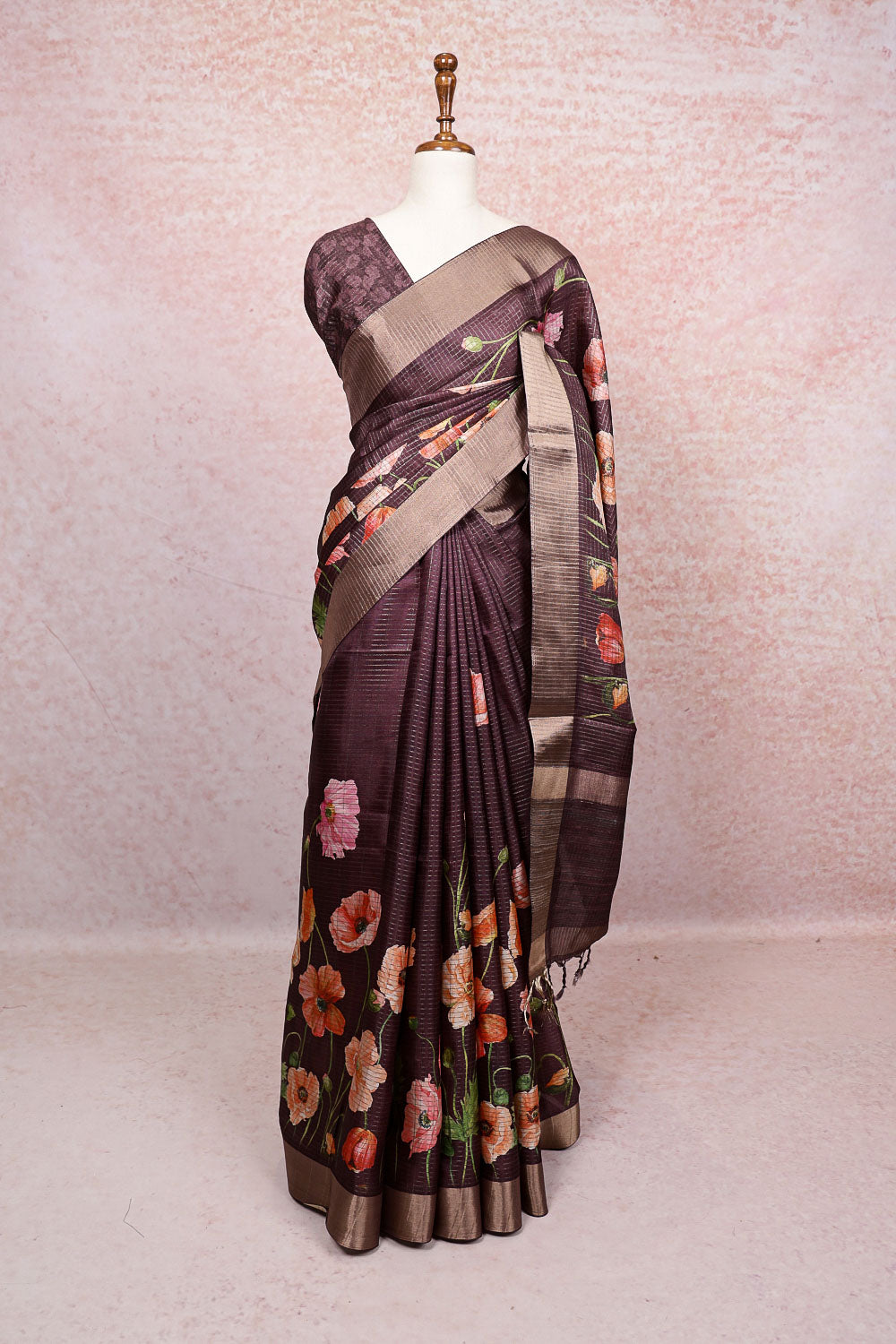 Wine Semi Tussar Saree