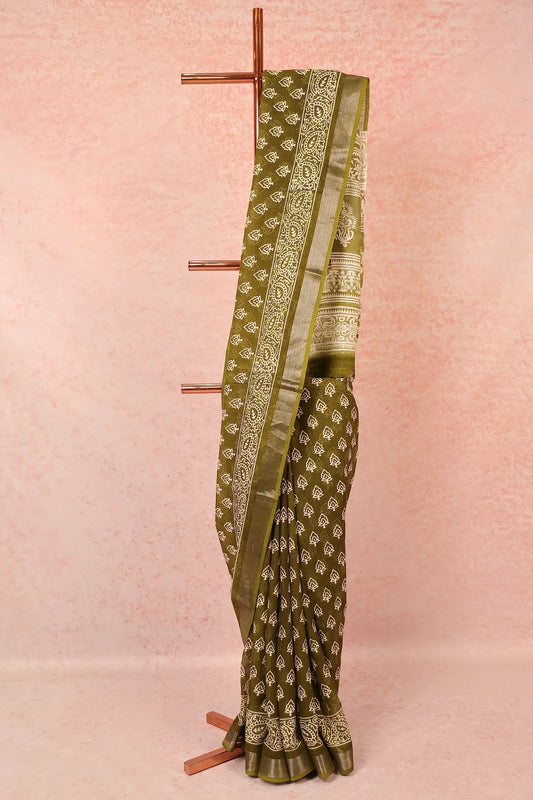 Olive Green Semi Linen Saree