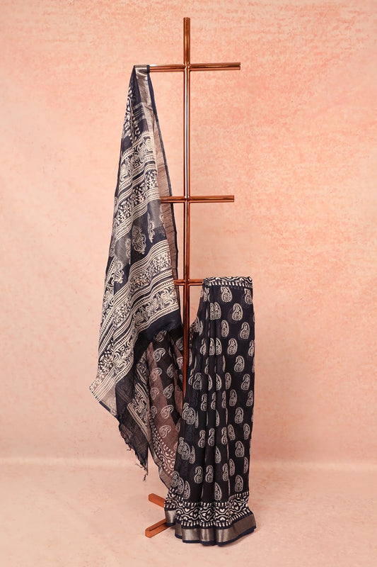 Navy Blue Semi Linen Saree