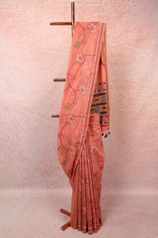 Light Peach Mul Cotton Saree