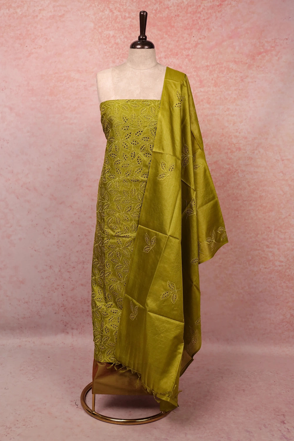 Mehandi Green Tussar Silk Cuttwork Unstitched Churidhar Material