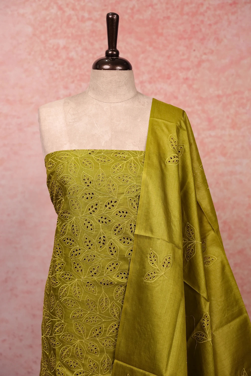 Mehandi Green Tussar Silk Cuttwork Unstitched Churidhar Material