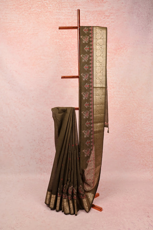 Dark Green Semi Linen Saree