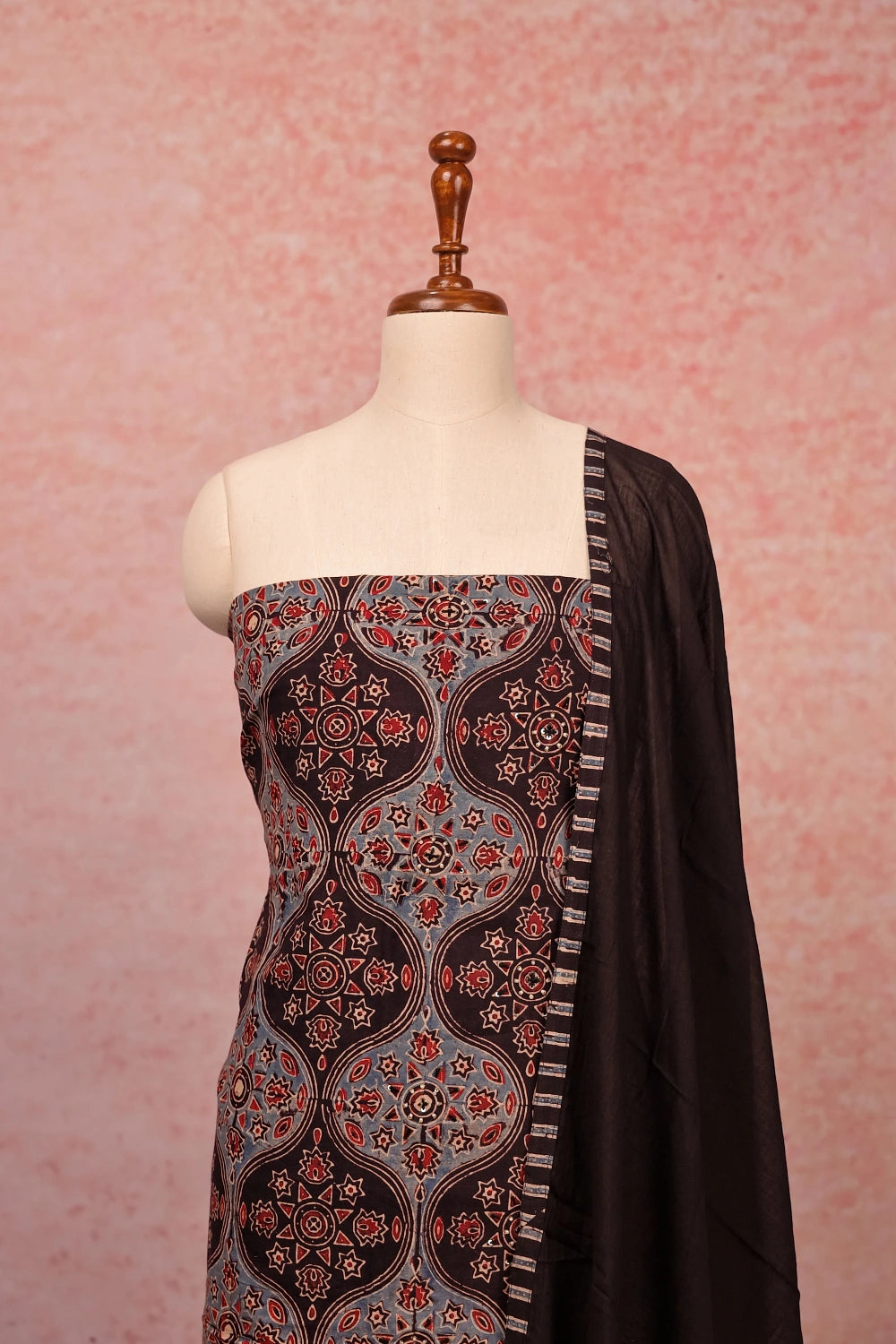 Black Cotton Ajrakh Unstitched Churidar Material