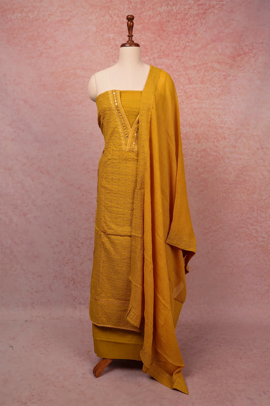 Mustard Cotton Accoba Work Unstitched Churidar Material