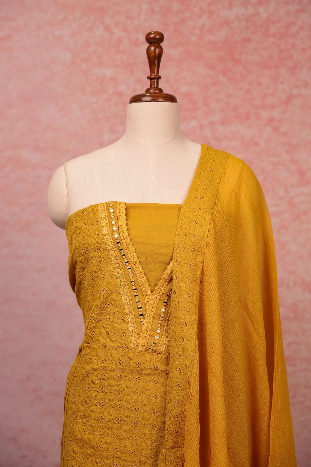 Mustard Cotton Accoba Work Unstitched Churidar Material
