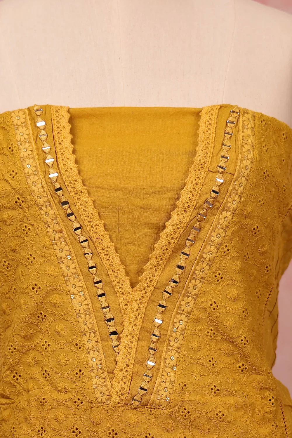 Mustard Cotton Accoba Work Unstitched Churidar Material