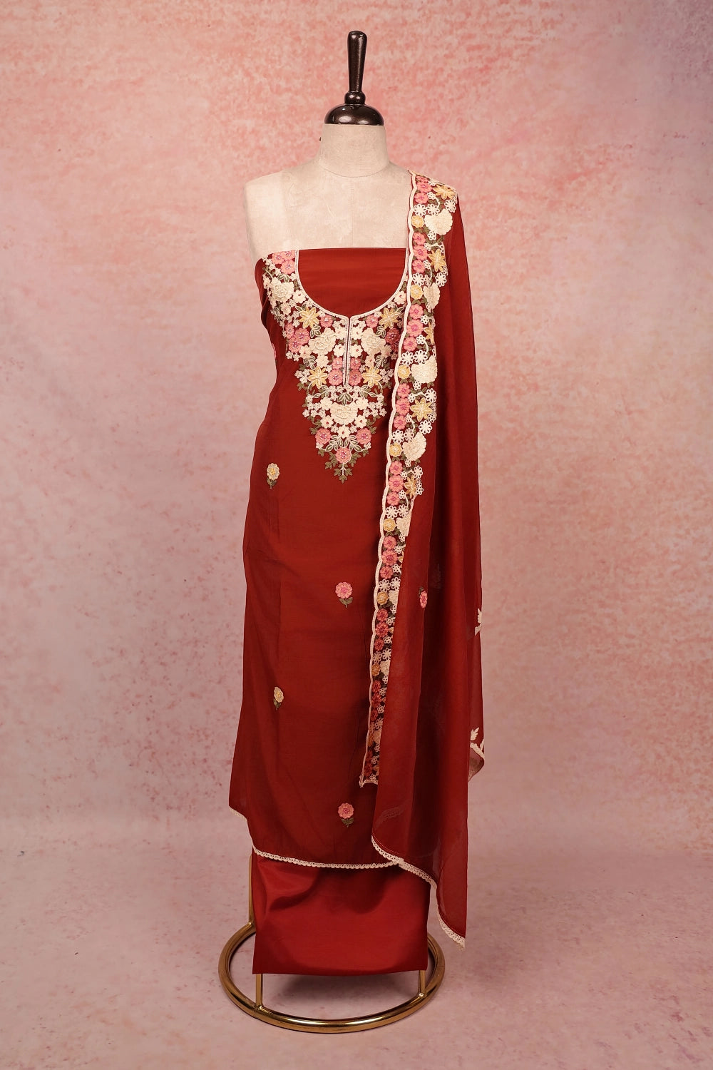 Brown Chanderi Embroidery Unstitched Churidar Material