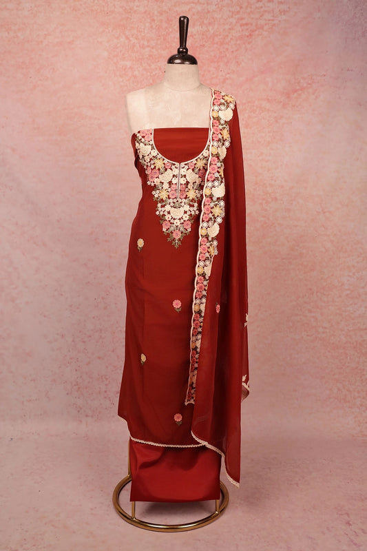 Brown Chanderi Embroidery Unstitched Churidar Material