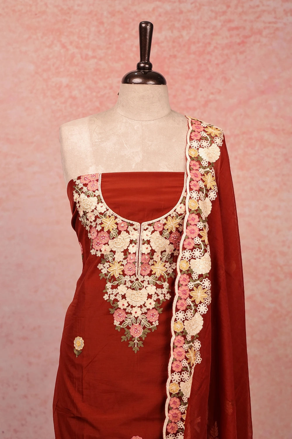 Brown Chanderi Embroidery Unstitched Churidar Material