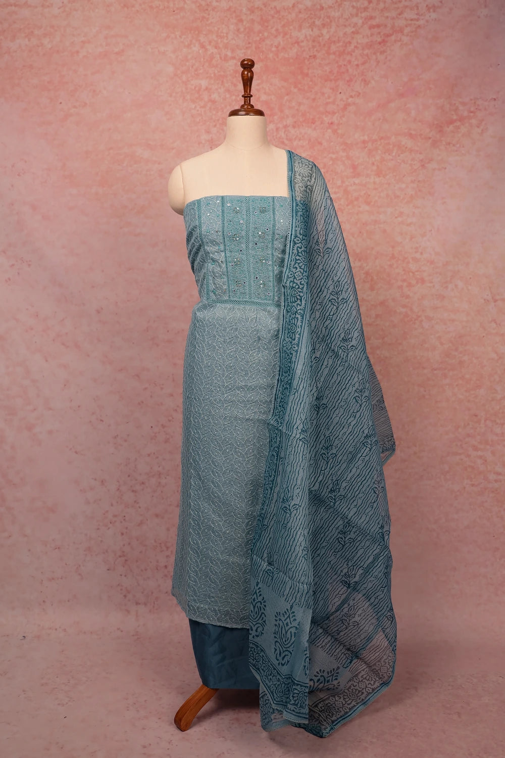 Light Blue Kota Embroidery Unstitched Churidar Material