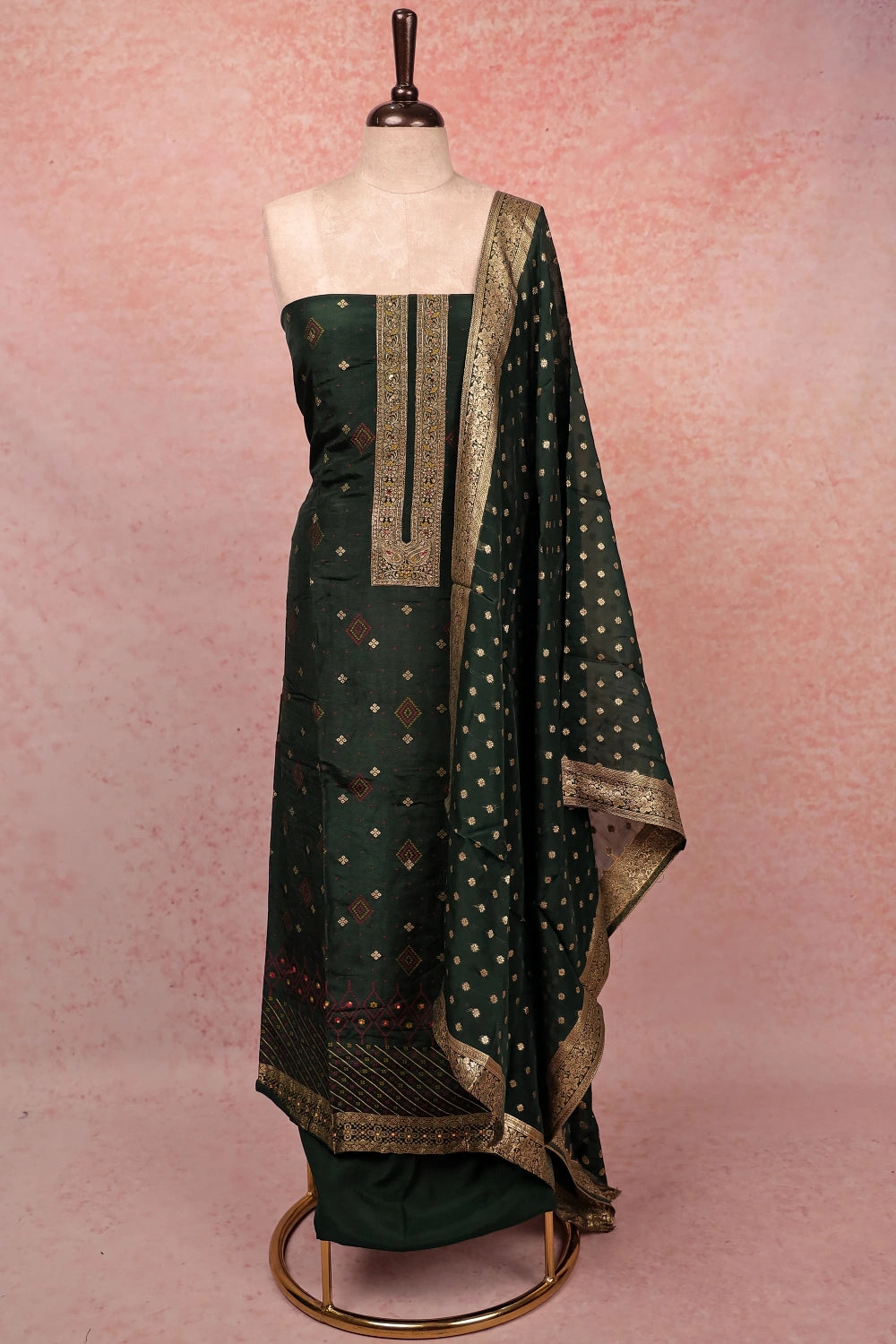 Dark Green Banarasi Banarasi Design Unstitched Churidar Material