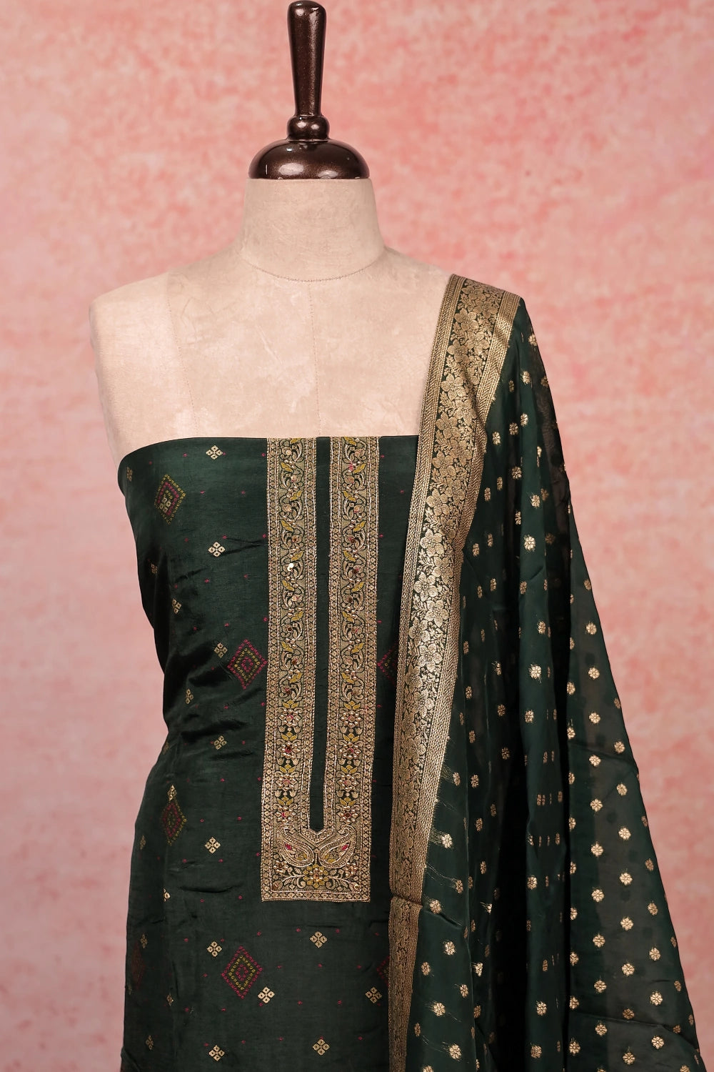 Dark Green Banarasi Banarasi Design Unstitched Churidar Material
