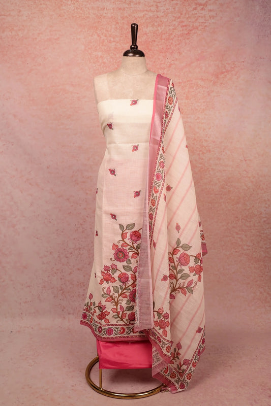 Cream Semi Linen Printed Unstitched Churidhar Material