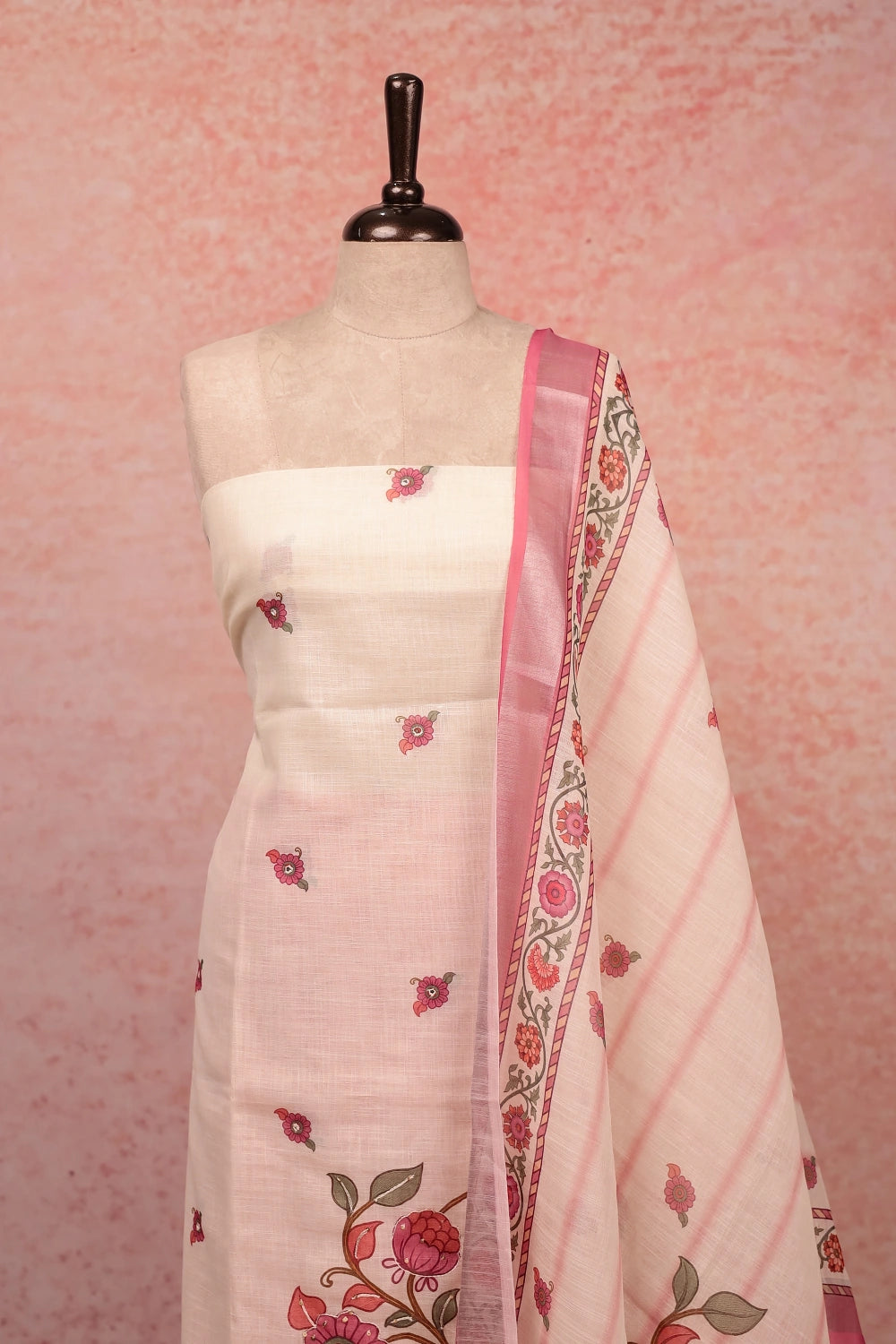 Cream Semi Linen Printed Unstitched Churidhar Material