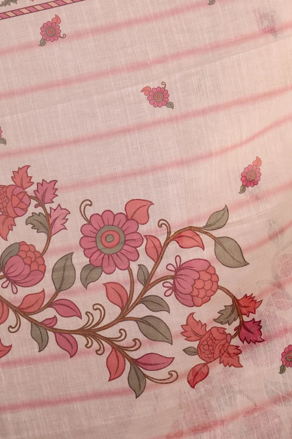 Cream Semi Linen Printed Unstitched Churidhar Material