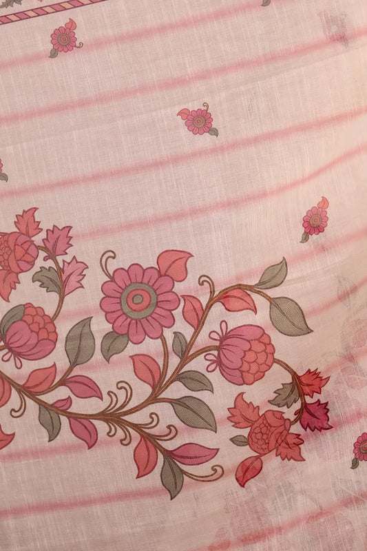 Cream Semi Linen Printed Unstitched Churidhar Material