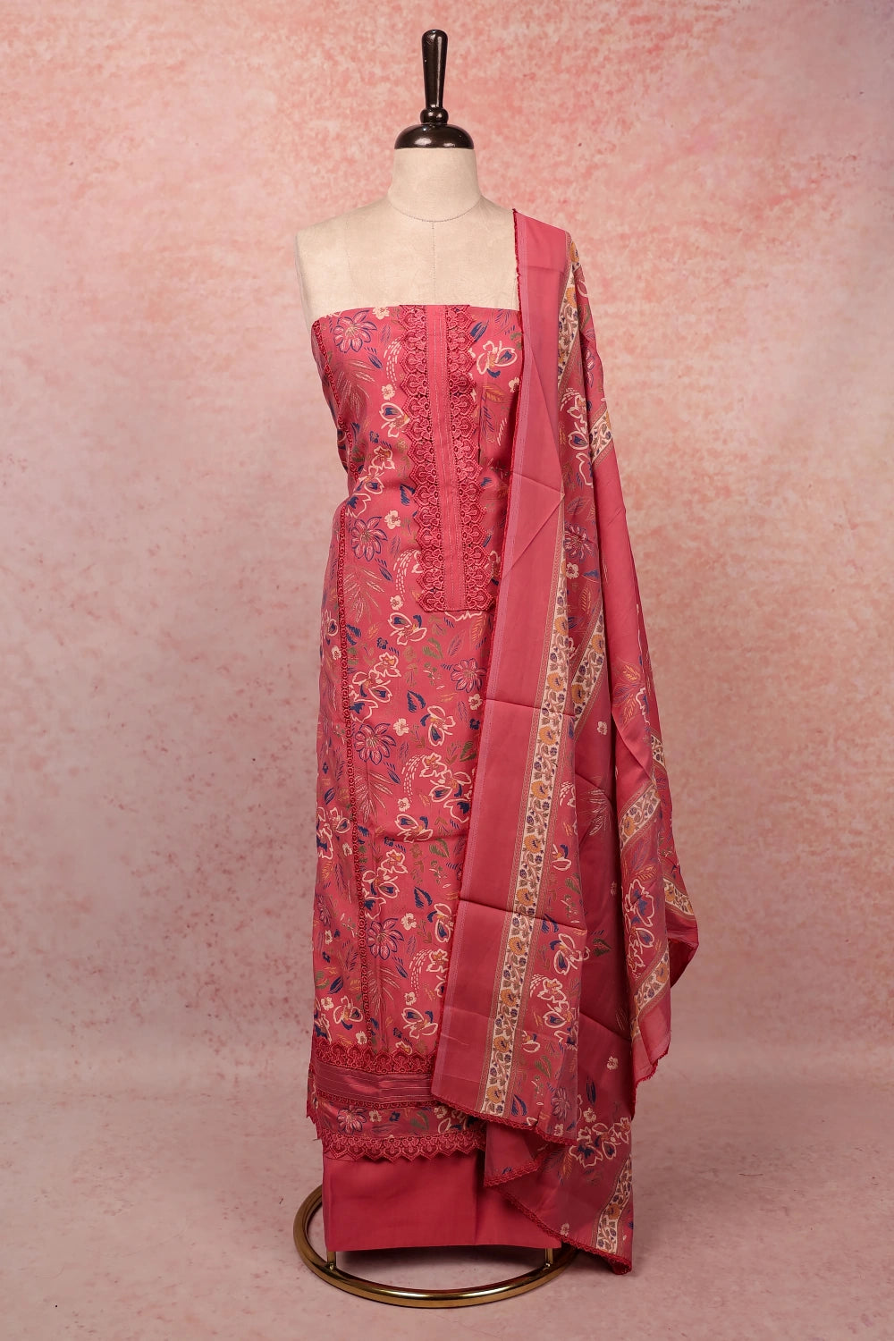 Pink Mascline Printed Unstitched Churidhar Material