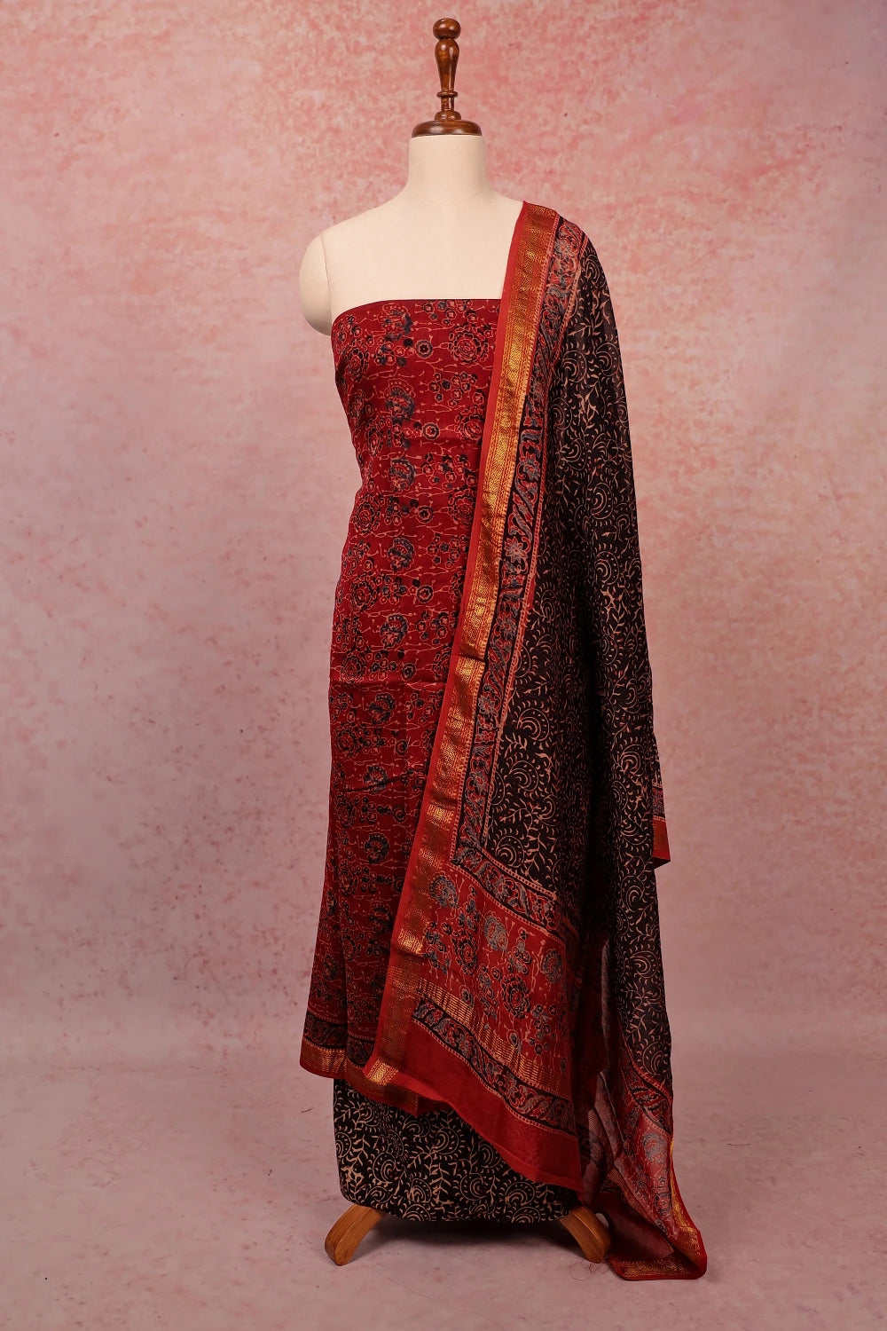 Maroon Chanderi Printed Unstitched Churidhar Material
