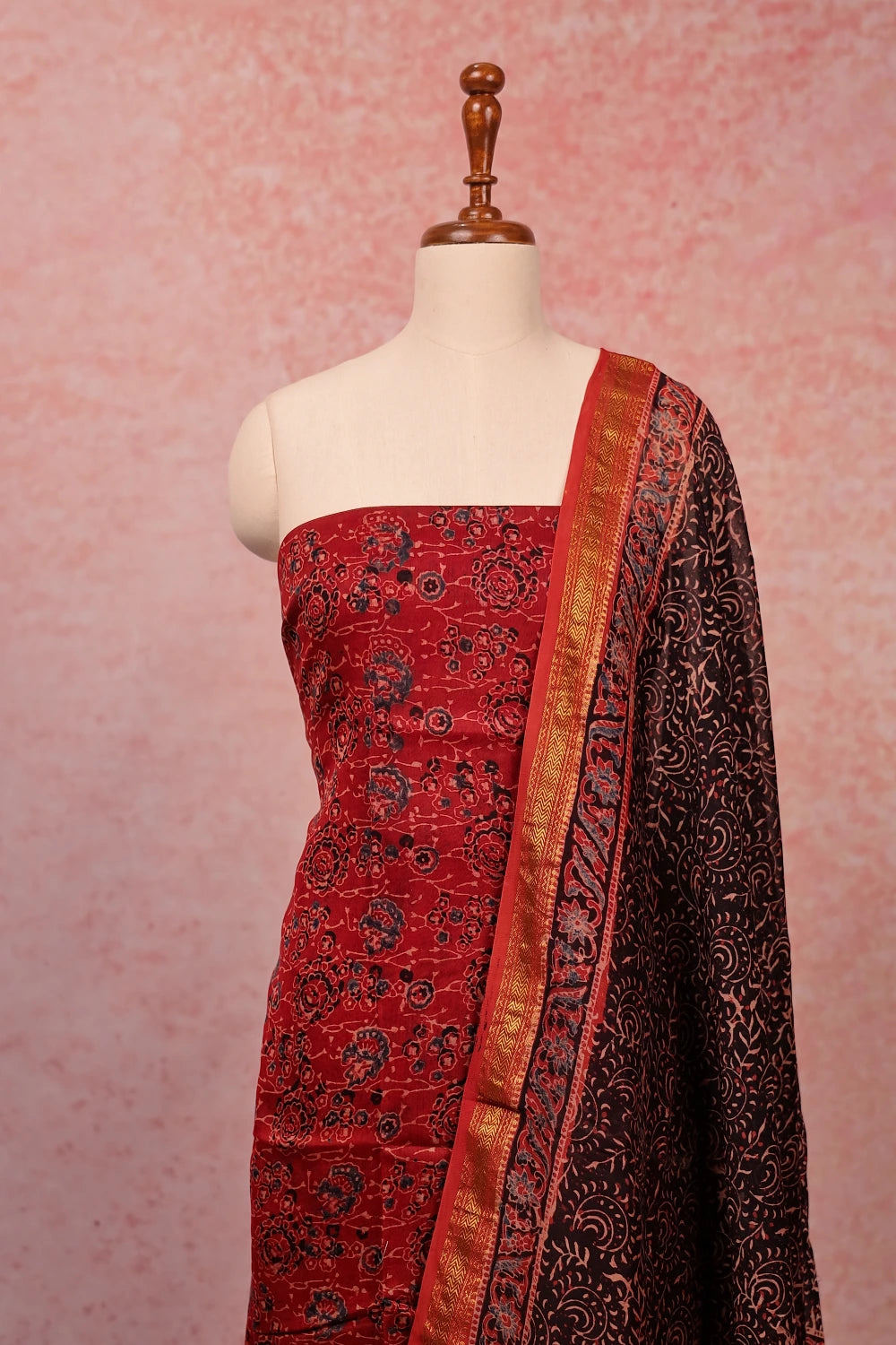 Maroon Chanderi Printed Unstitched Churidhar Material