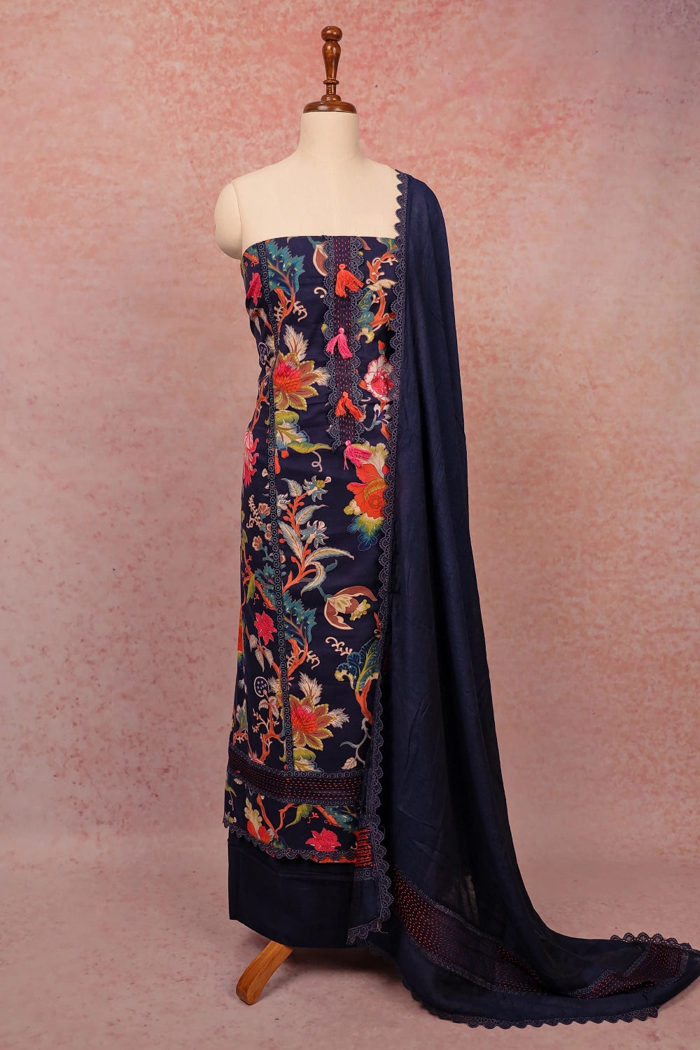Navy Blue Cotton Printed Unstitched Churidar Material