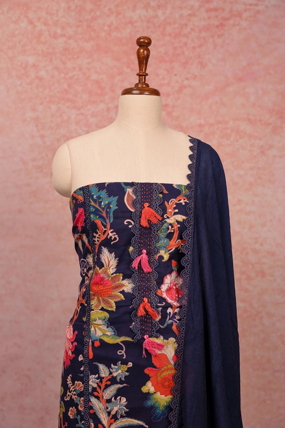 Navy Blue Cotton Printed Unstitched Churidar Material