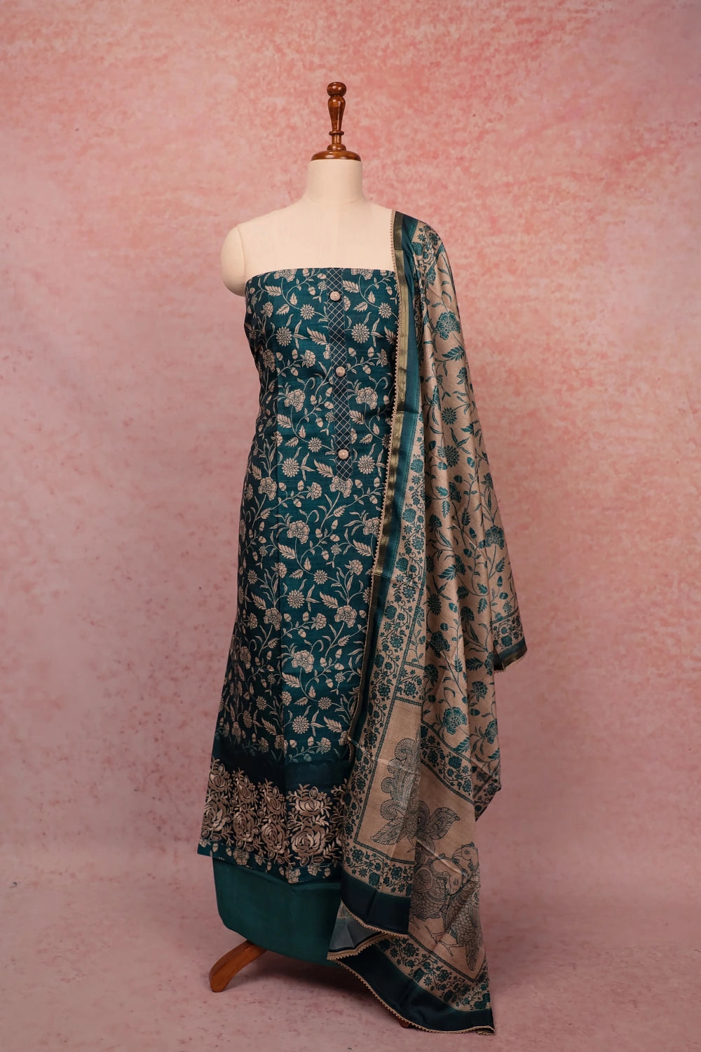 Peacock Green Semi Silk Printed Unstitched Churidr Material