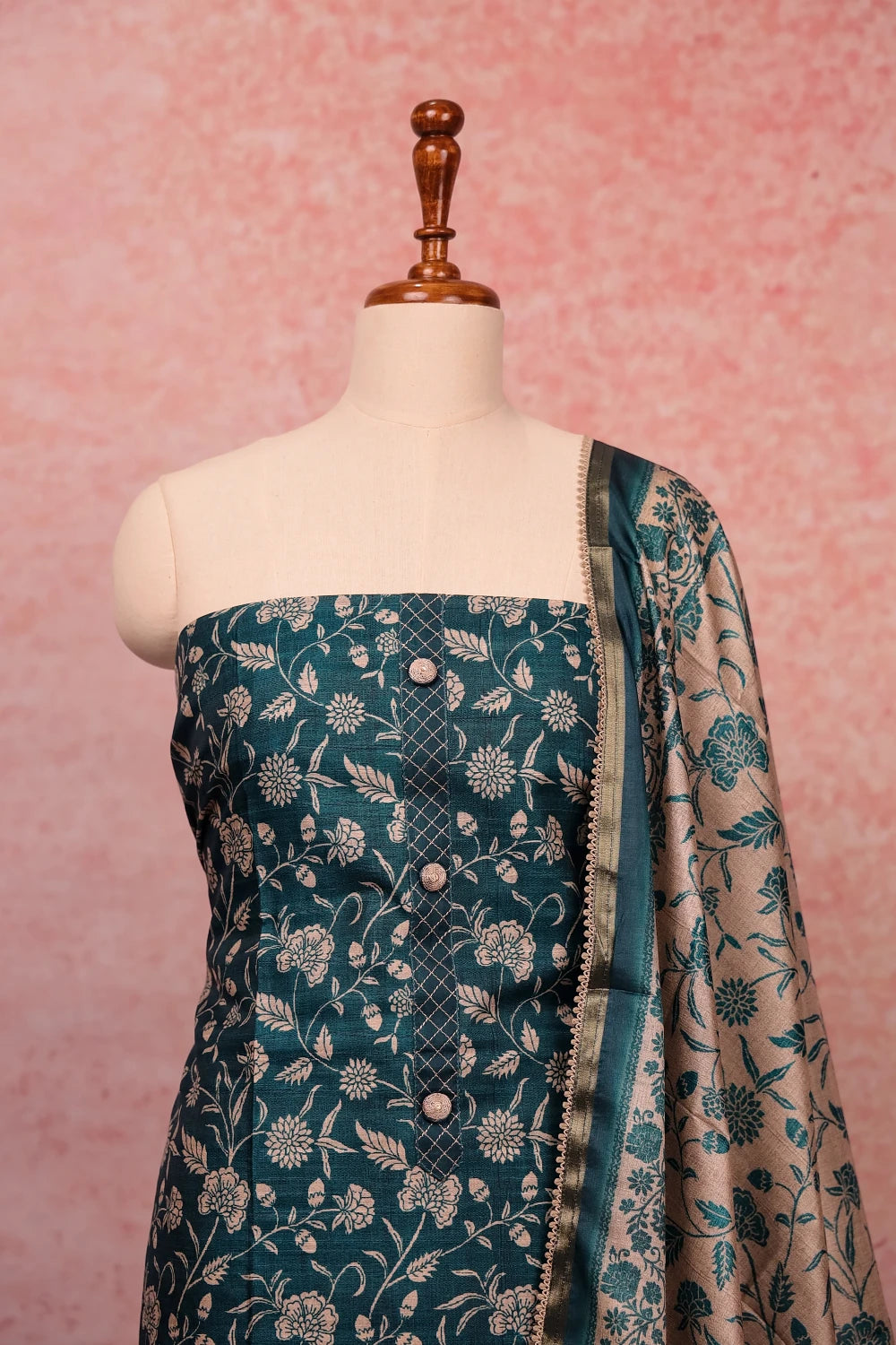 Peacock Green Semi Silk Printed Unstitched Churidr Material