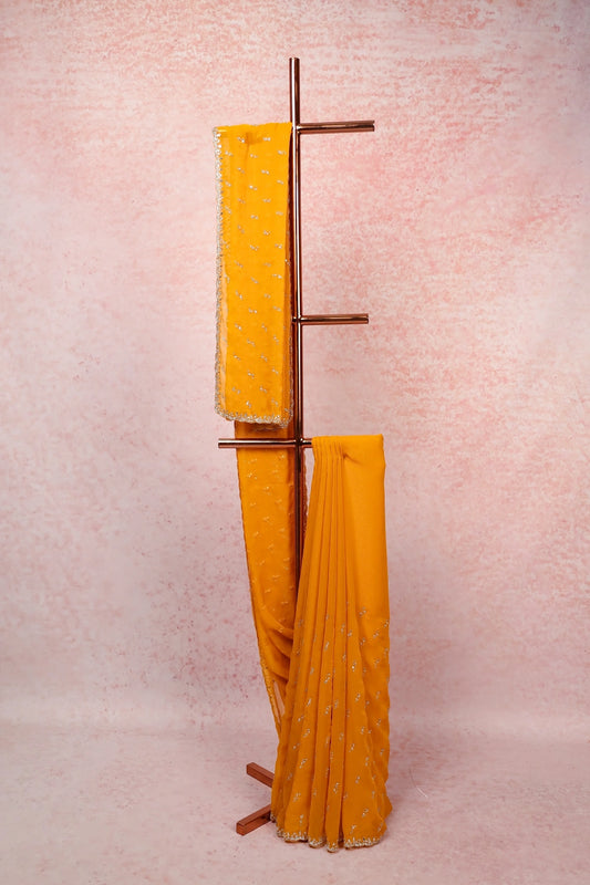 Mustard Yellow Velvet Organza Saree