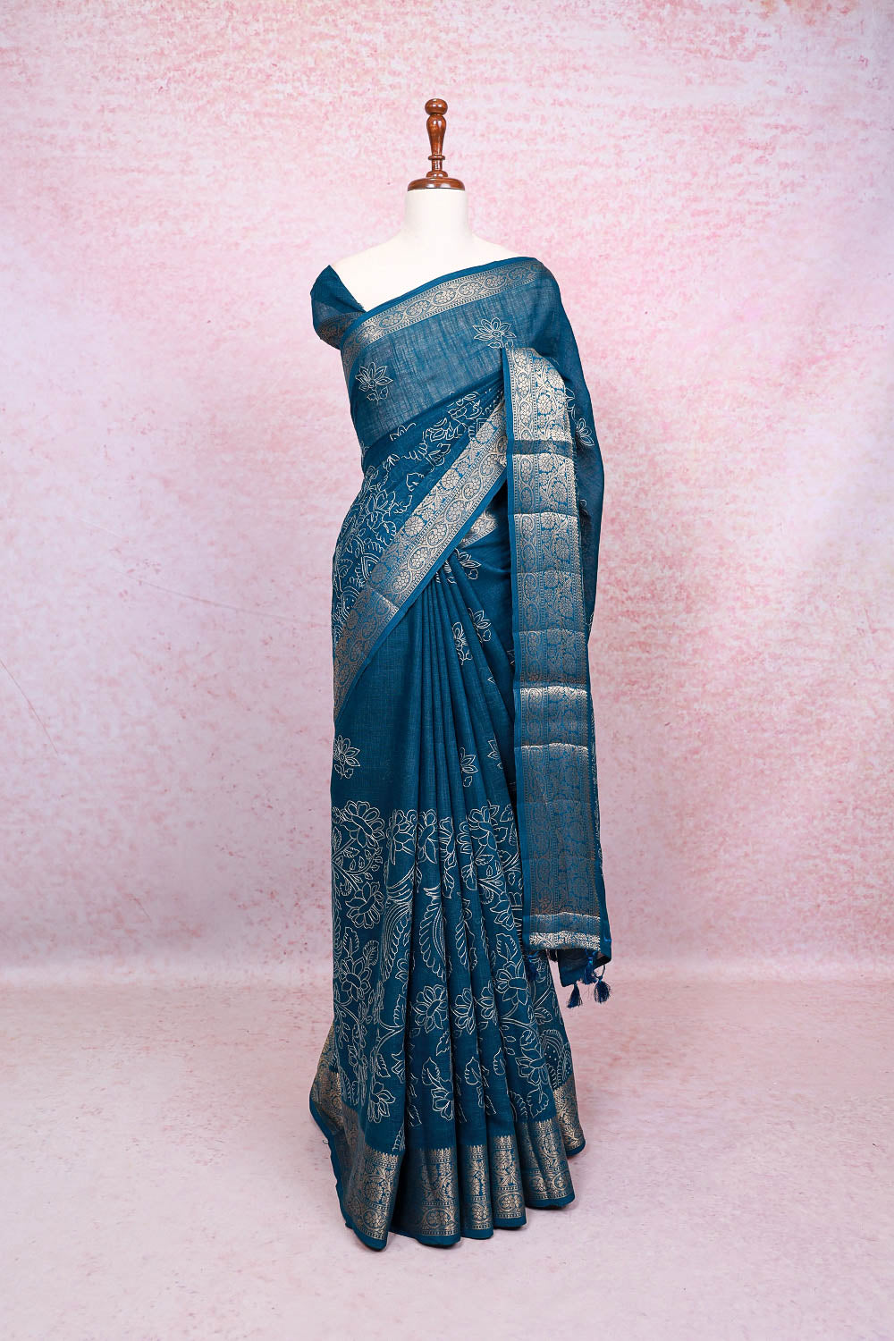 Teal Blue Semi Linen Saree