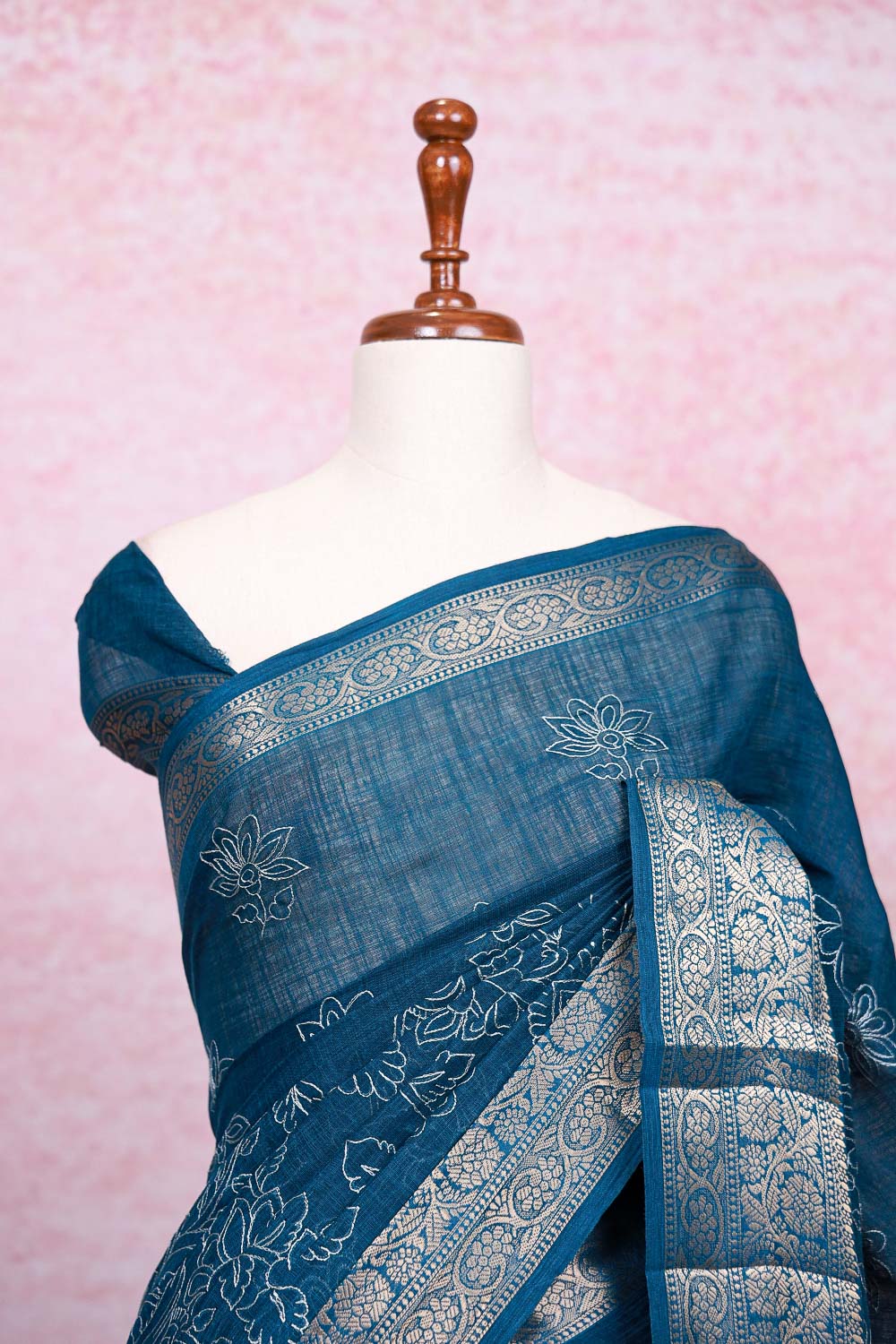 Teal Blue Semi Linen Saree