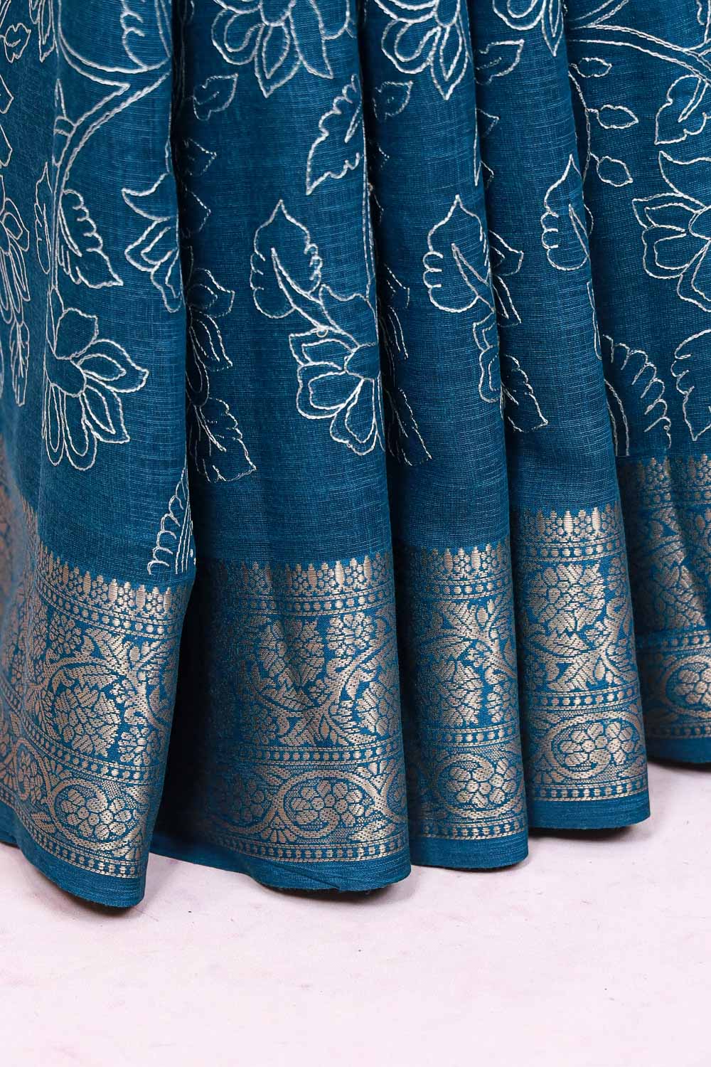 Teal Blue Semi Linen Saree