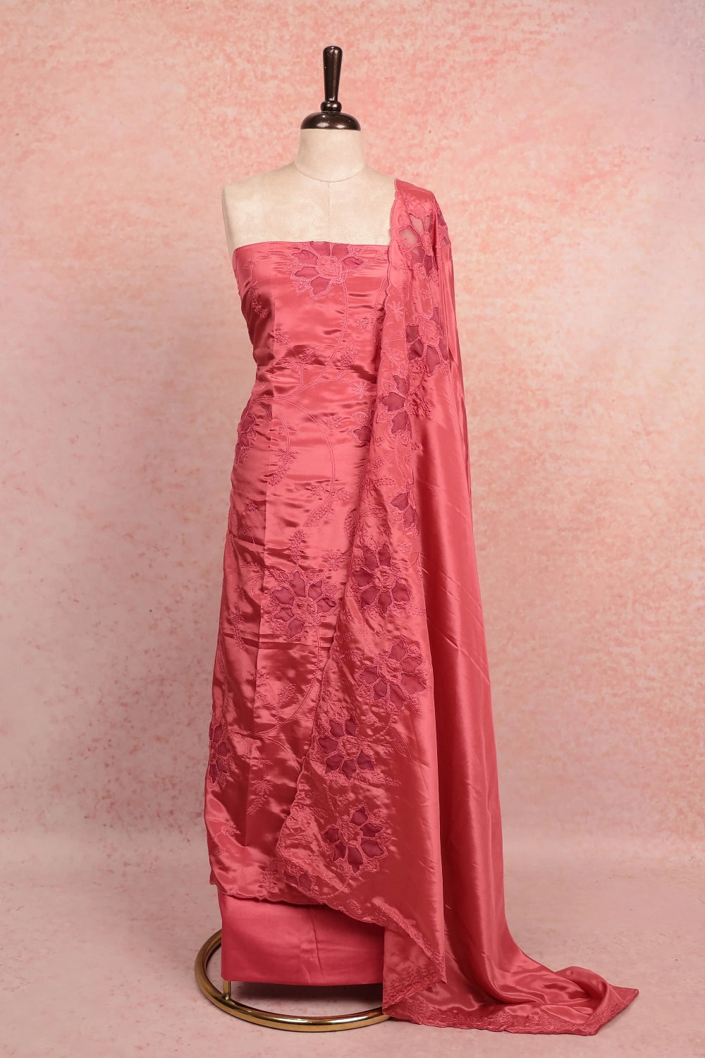 Onion Pink Crepe Applic Work Unstitched Churidhar Material