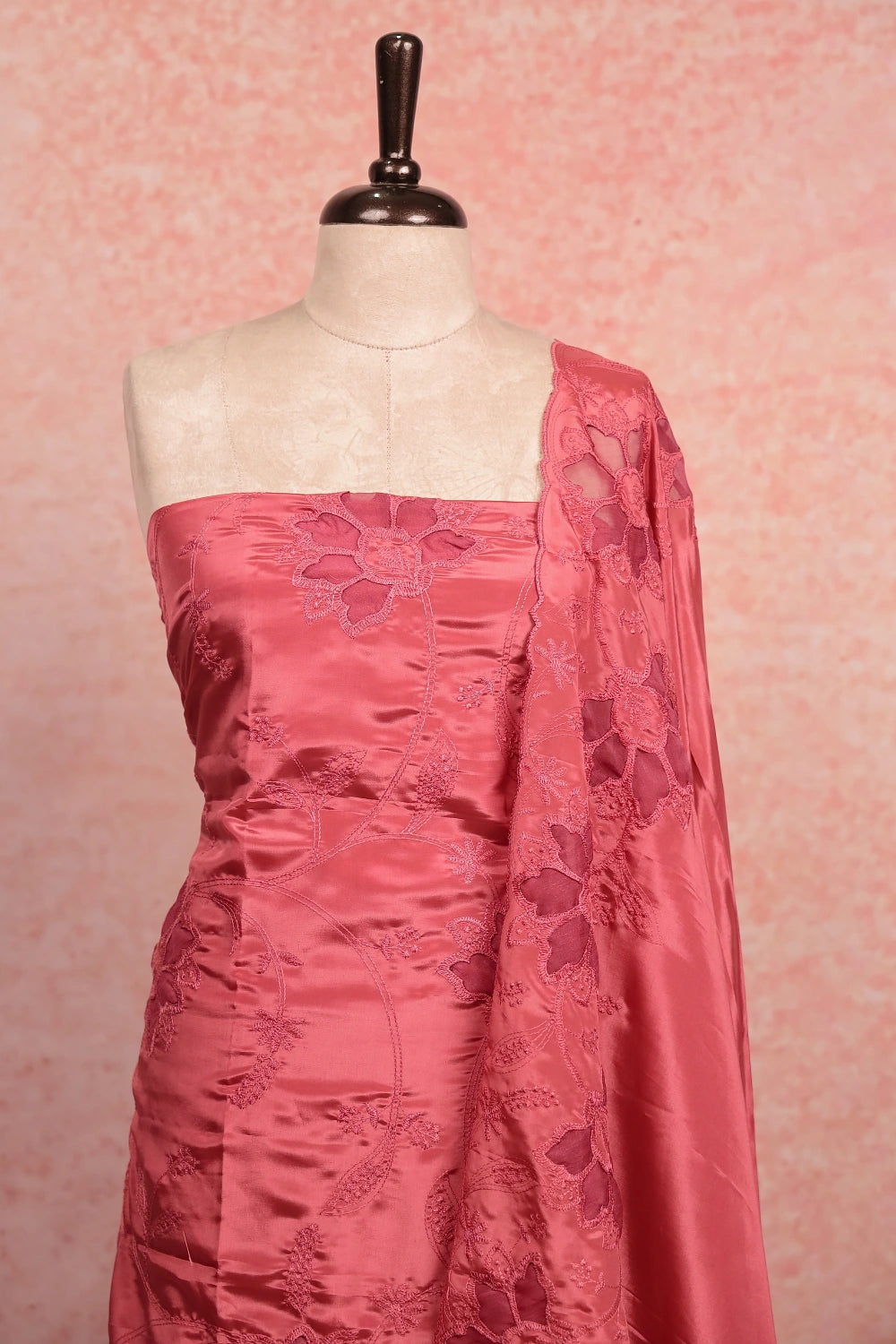 Onion Pink Crepe Applic Work Unstitched Churidhar Material